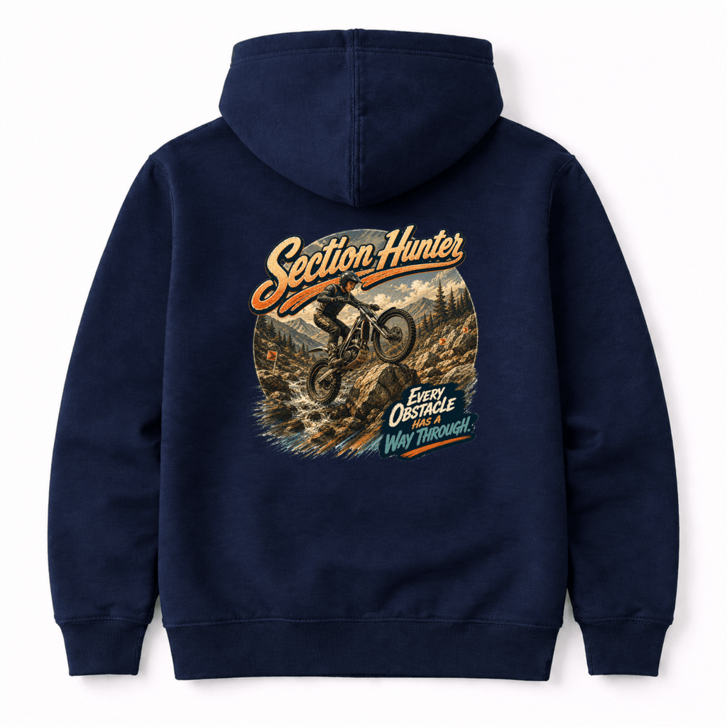 Camberline Riders Section Hunter Trials Bike Hoodie – Navy — back view showing the Camberline Riders Section Hunter Trials Bike graphic print