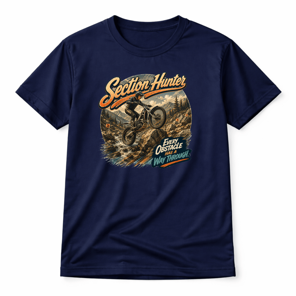 Camberline Riders Section Hunter Trials Bike T-Shirt – Navy — front view showing the Camberline Riders Section Hunter Trials Bike graphic print