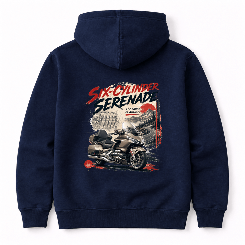 Camberline Riders Six Cylinder Serenade Luxury Tourer Hoodie – Navy — back view showing the Camberline Riders Six Cylinder Serenade Luxury Tourer graphic print