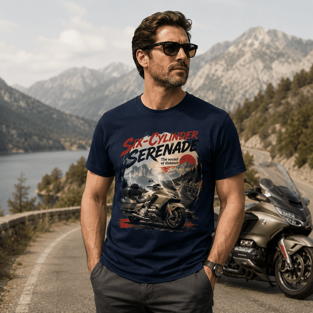 Model wearing the Camberline Riders Six Cylinder Serenade Luxury Tourer T-Shirt – Navy, showing the Camberline Riders graphic in a motorcycle-inspired setting
