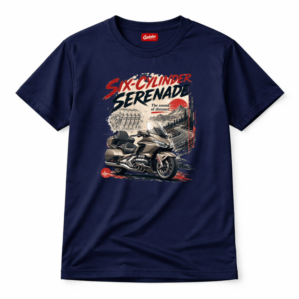 Camberline Riders Six Cylinder Serenade Luxury Tourer T-Shirt – Navy — front view showing the Camberline Riders Six Cylinder Serenade Luxury Tourer graphic print