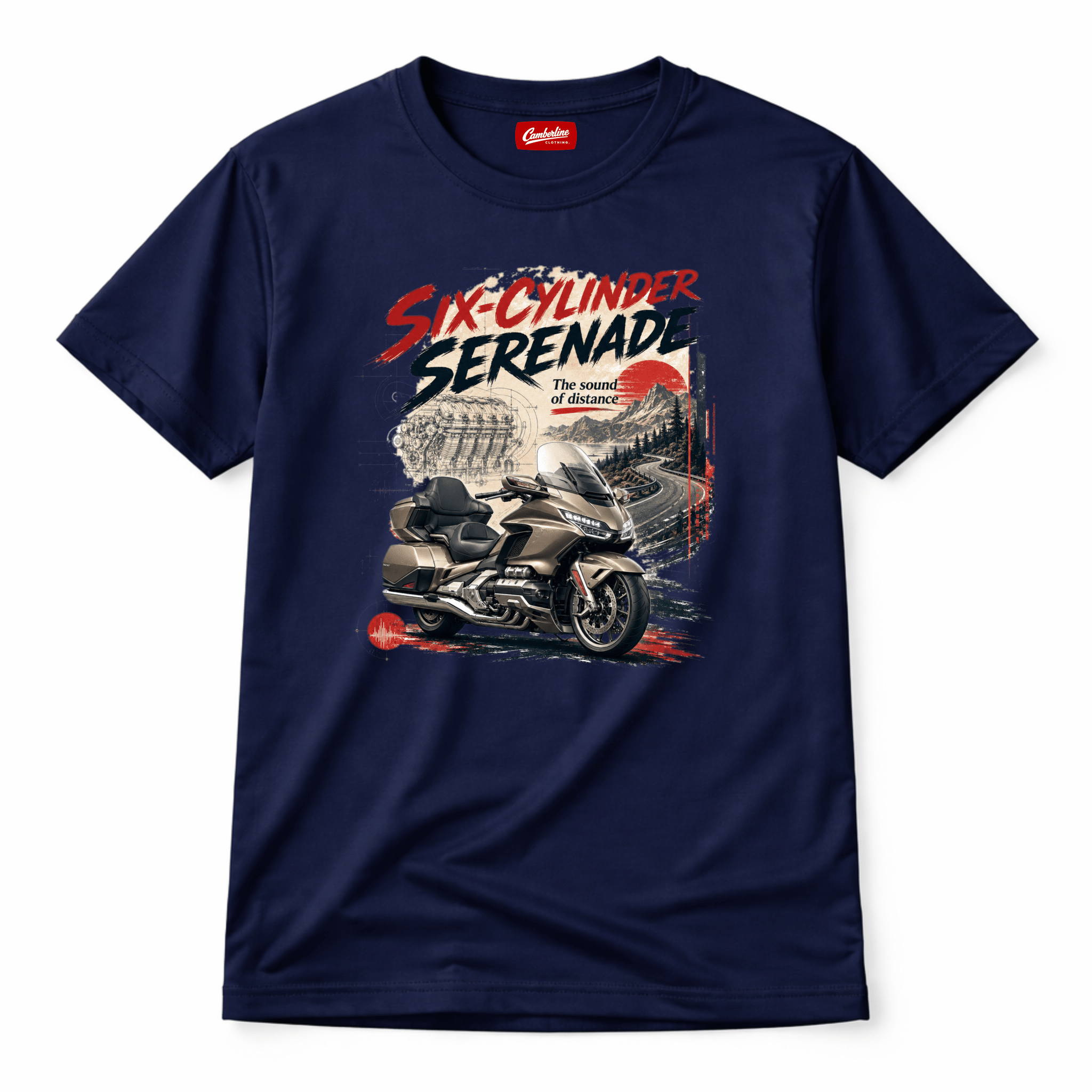 Camberline Riders Six Cylinder Serenade Luxury Tourer T-Shirt – Navy — front view showing the Camberline Riders Six Cylinder Serenade Luxury Tourer graphic print