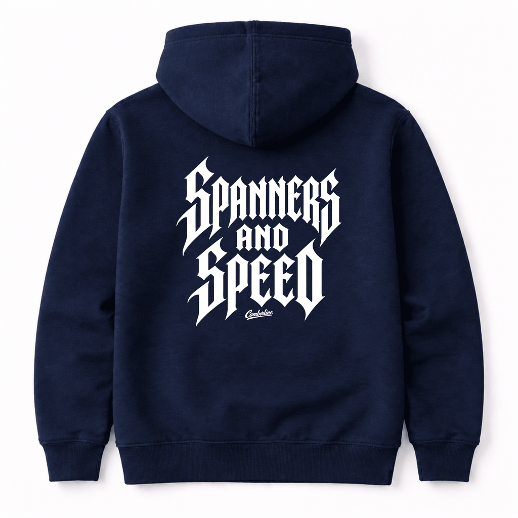 Camberline Riders Spanners and Speed Gothic Typography Hoodie – Navy — back view showing the Camberline Riders Spanners and Speed Gothic Typography graphic print