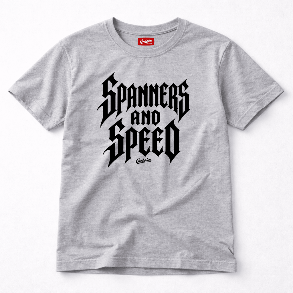 Camberline Riders Spanners and Speed Gothic Typography T-Shirt – Grey — front view showing the Camberline Riders Spanners and Speed Gothic Typography graphic print