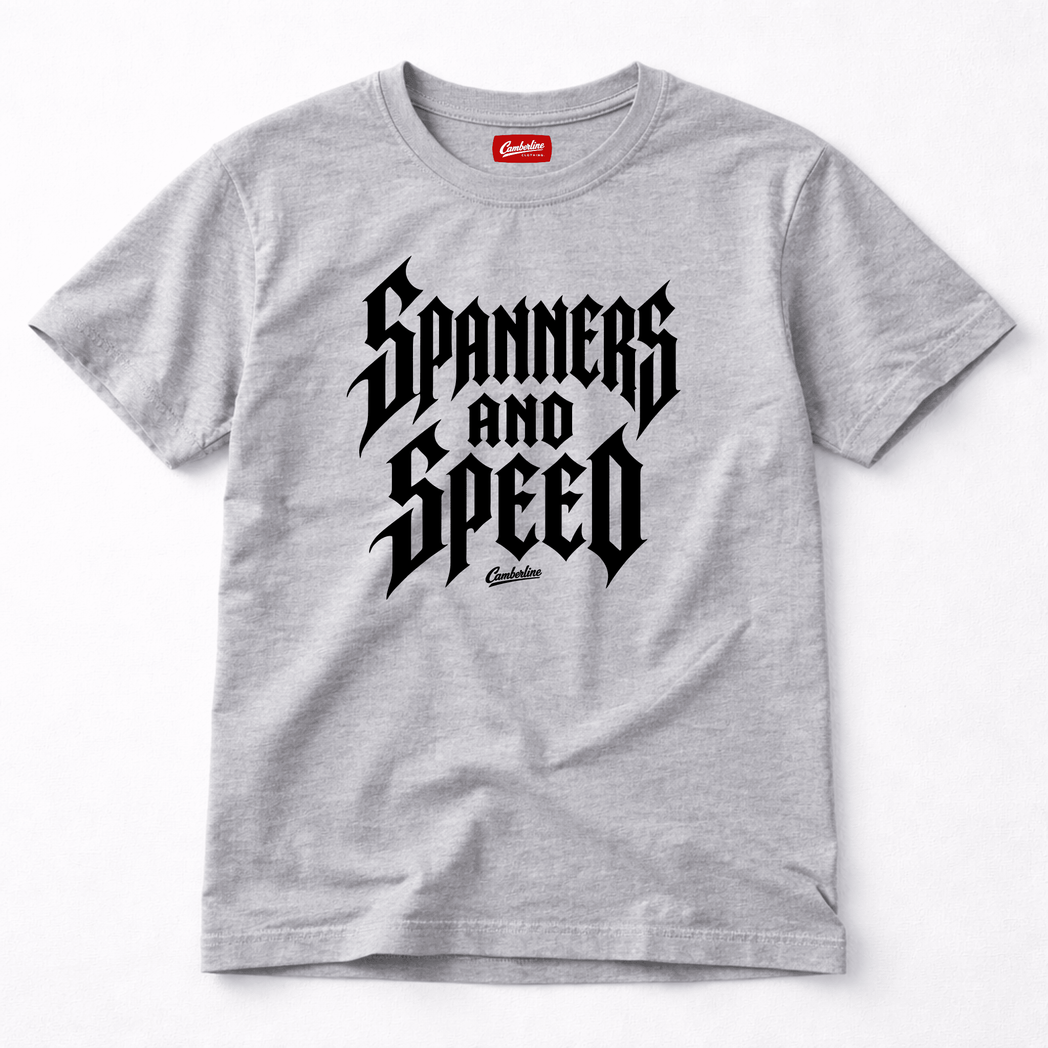 Camberline Riders Spanners and Speed Gothic Typography T-Shirt – Grey — front view showing the Camberline Riders Spanners and Speed Gothic Typography graphic print