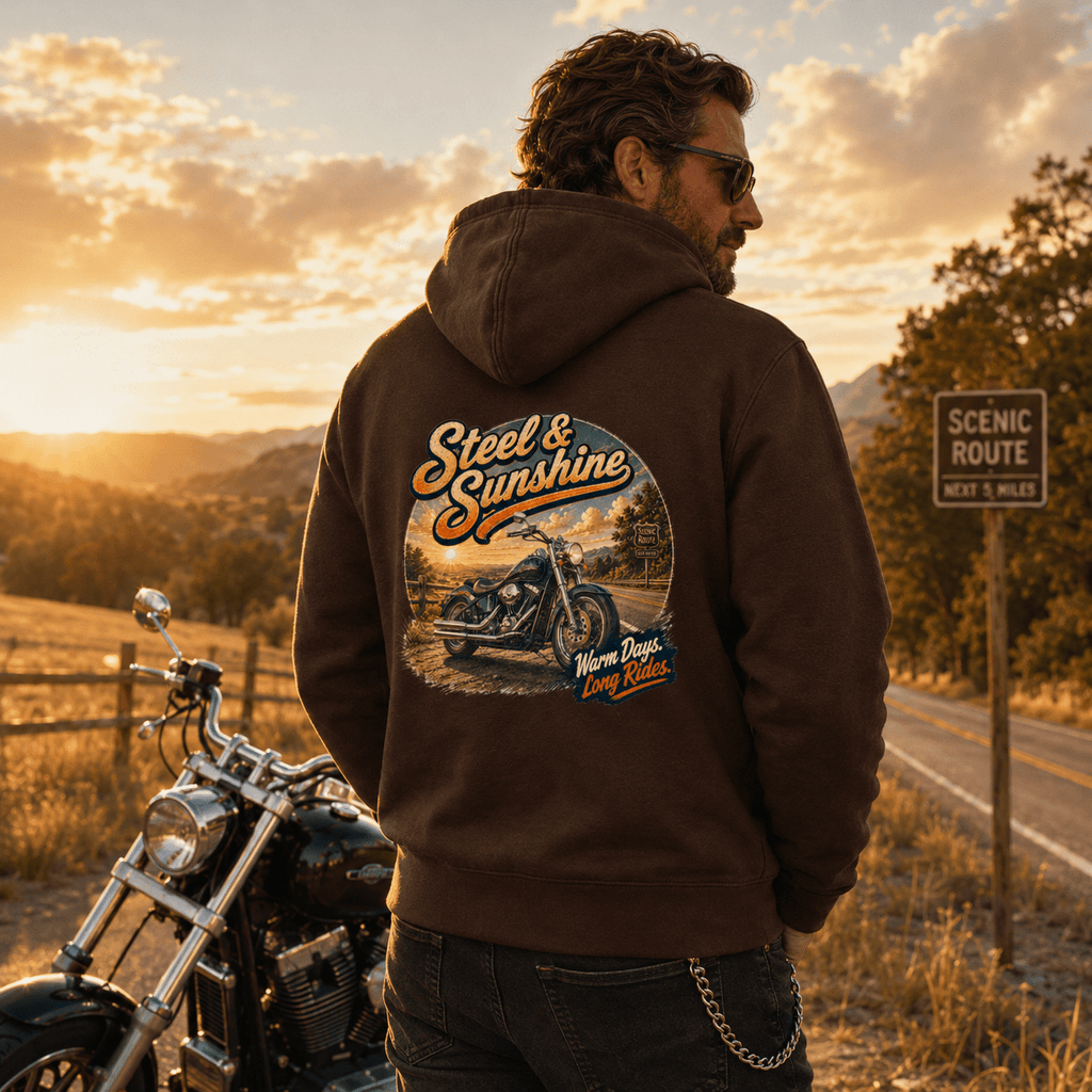 Model wearing the Camberline Riders Steel and Sunshine Cruiser Motorcycle Hoodie – Hot Chocolate, showing the Camberline Riders graphic in a motorcycle-inspired setting
