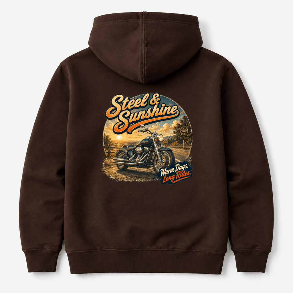 Camberline Riders Steel and Sunshine Cruiser Motorcycle Hoodie – Hot Chocolate — back view showing the Camberline Riders Steel and Sunshine Cruiser Motorcycle graphic print