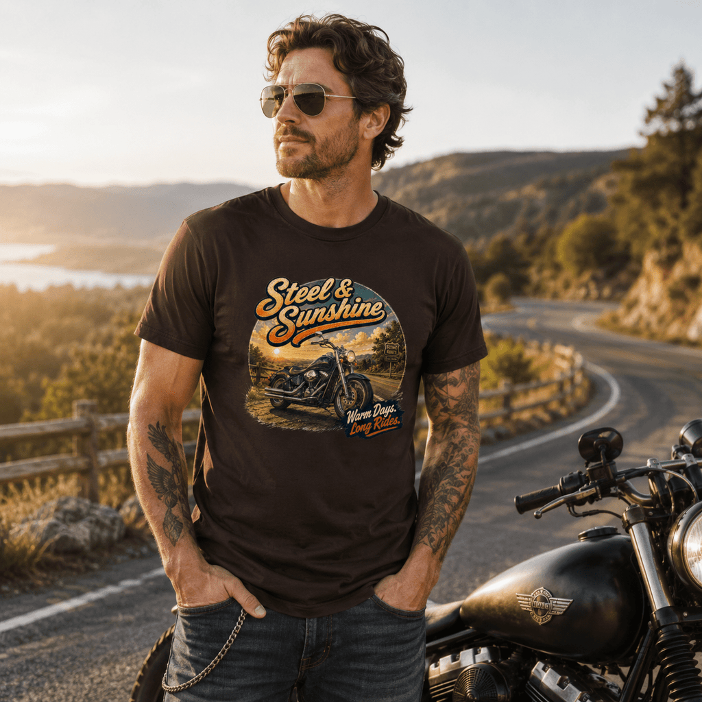 Model wearing the Camberline Riders Steel and Sunshine Cruiser Motorcycle T-Shirt – Dark Chocolate, showing the Camberline Riders graphic in a motorcycle-inspired setting