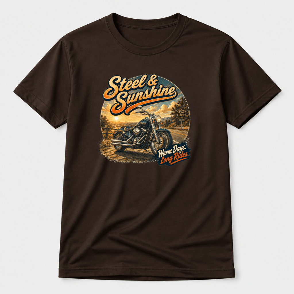 Camberline Riders Steel and Sunshine Cruiser Motorcycle T-Shirt – Dark Chocolate — front view showing the Camberline Riders Steel and Sunshine Cruiser Motorcycle graphic print