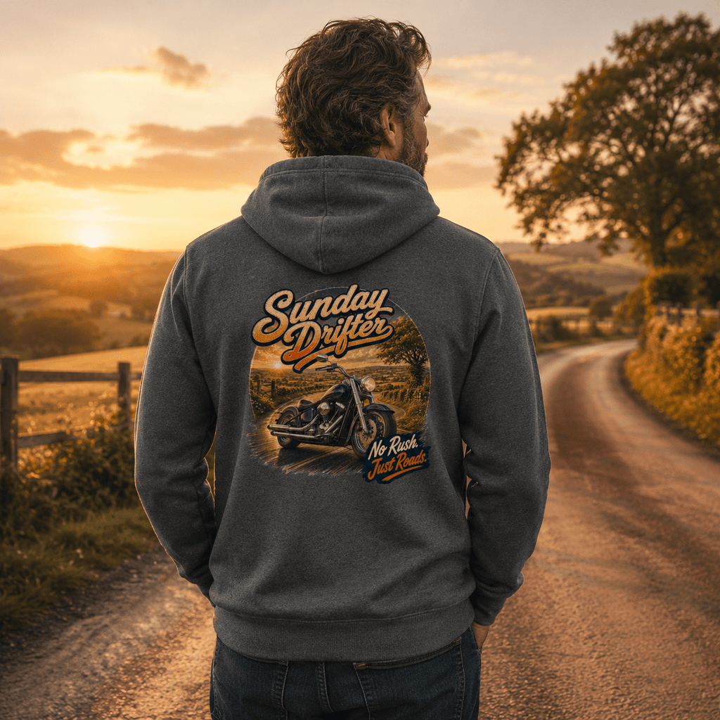 Model wearing the Camberline Riders Sunday Drifter Cruiser Motorcycle Hoodie – Charcoal, showing the Camberline Riders graphic in a motorcycle-inspired setting