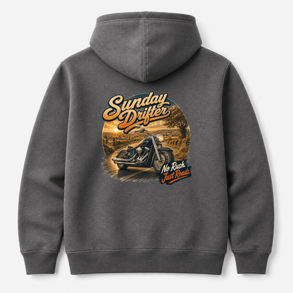 Camberline Riders Sunday Drifter Cruiser Motorcycle Hoodie – Charcoal — back view showing the Camberline Riders Sunday Drifter Cruiser Motorcycle graphic print