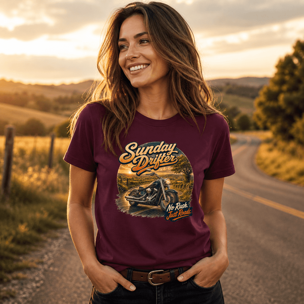 Model wearing the Camberline Riders Sunday Drifter Cruiser Motorcycle T-Shirt – Burgundy, showing the Camberline Riders graphic in a motorcycle-inspired setting