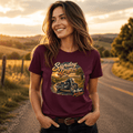 Model wearing the Camberline Riders Sunday Drifter Cruiser Motorcycle T-Shirt – Burgundy, showing the Camberline Riders graphic in a motorcycle-inspired setting