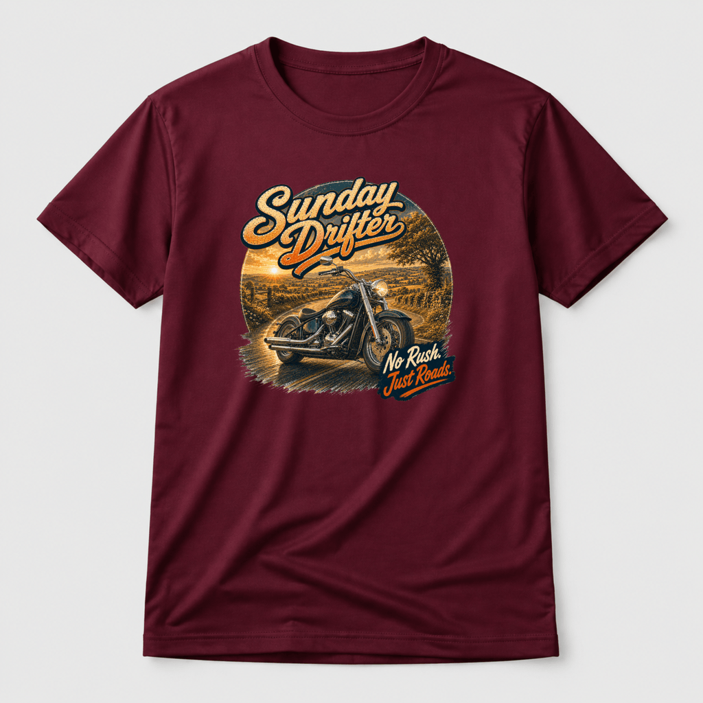 Camberline Riders Sunday Drifter Cruiser Motorcycle T-Shirt – Burgundy — front view showing the Camberline Riders Sunday Drifter Cruiser Motorcycle graphic print