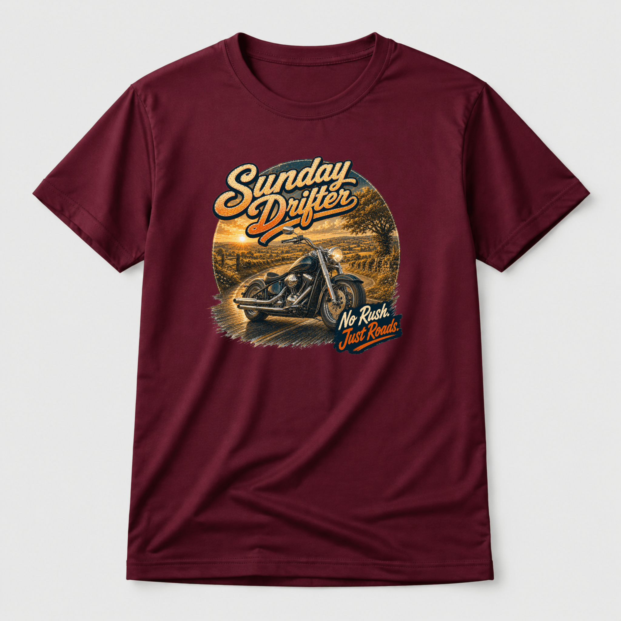 Camberline Riders Sunday Drifter Cruiser Motorcycle T-Shirt – Burgundy — front view showing the Camberline Riders Sunday Drifter Cruiser Motorcycle graphic print
