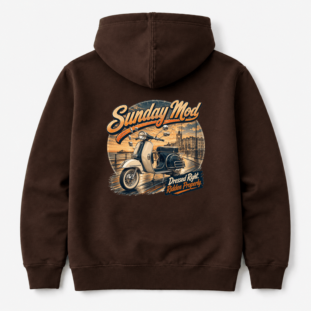 Camberline Riders Sunday Mod Classic Scooter Hoodie – Hot Chocolate — back view showing the Camberline Riders Sunday Mod Classic Scooter graphic print