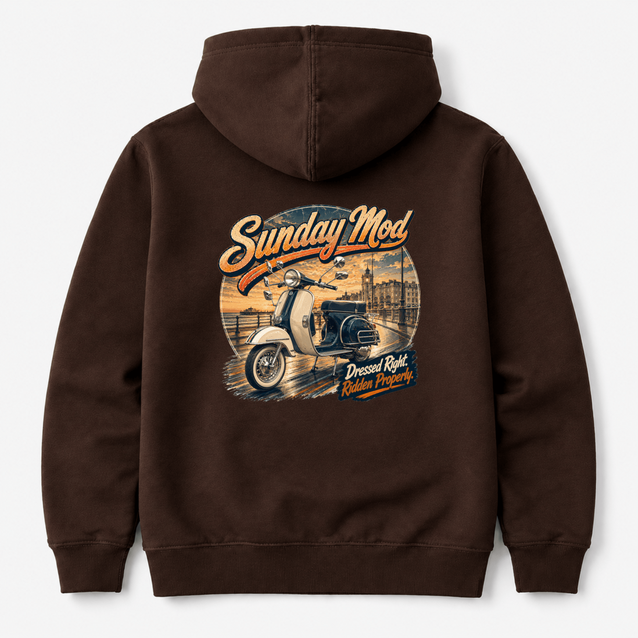Camberline Riders Sunday Mod Classic Scooter Hoodie – Hot Chocolate — back view showing the Camberline Riders Sunday Mod Classic Scooter graphic print