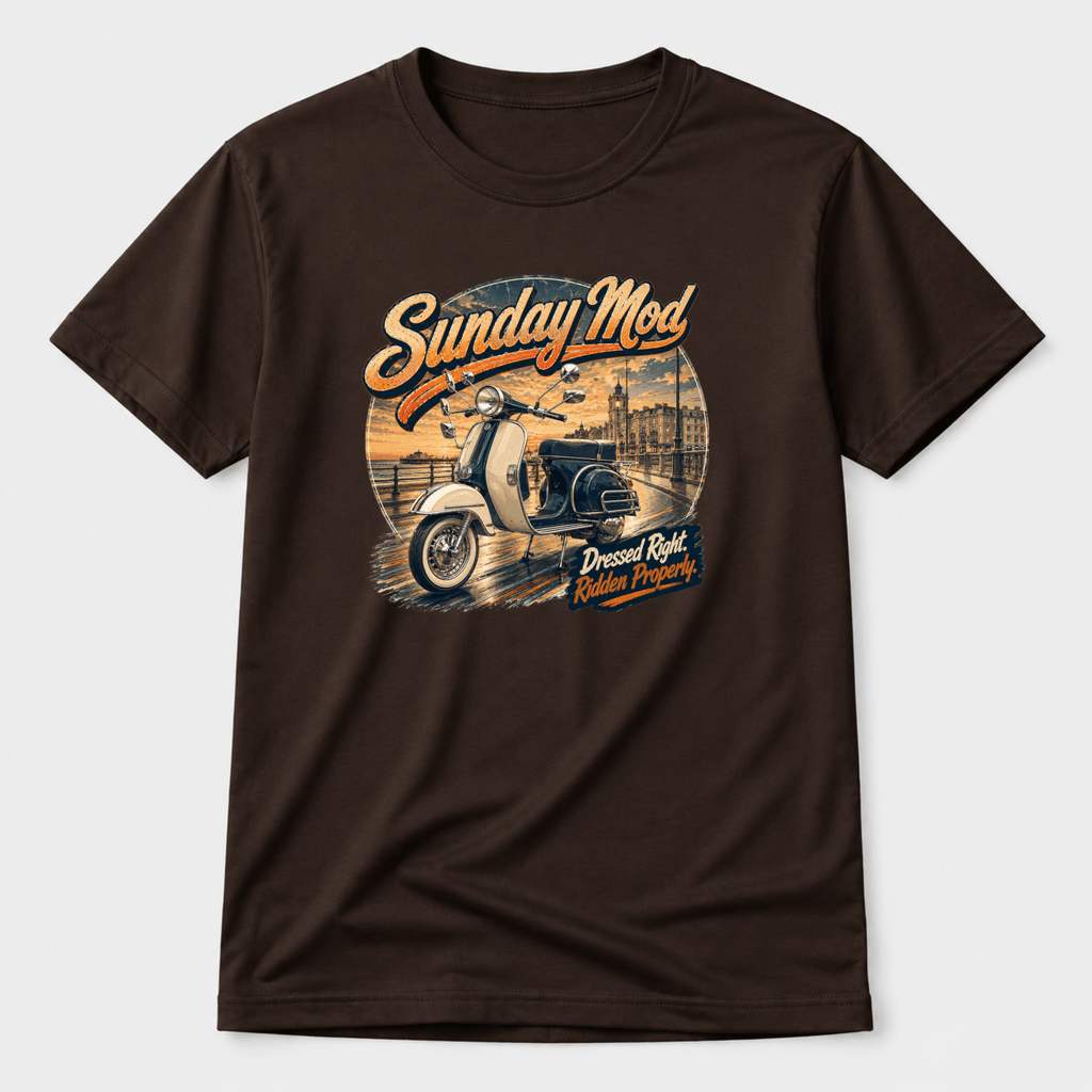 Camberline Riders Sunday Mod Classic Scooter T-Shirt – Dark Chocolate — front view showing the Camberline Riders Sunday Mod Classic Scooter graphic print