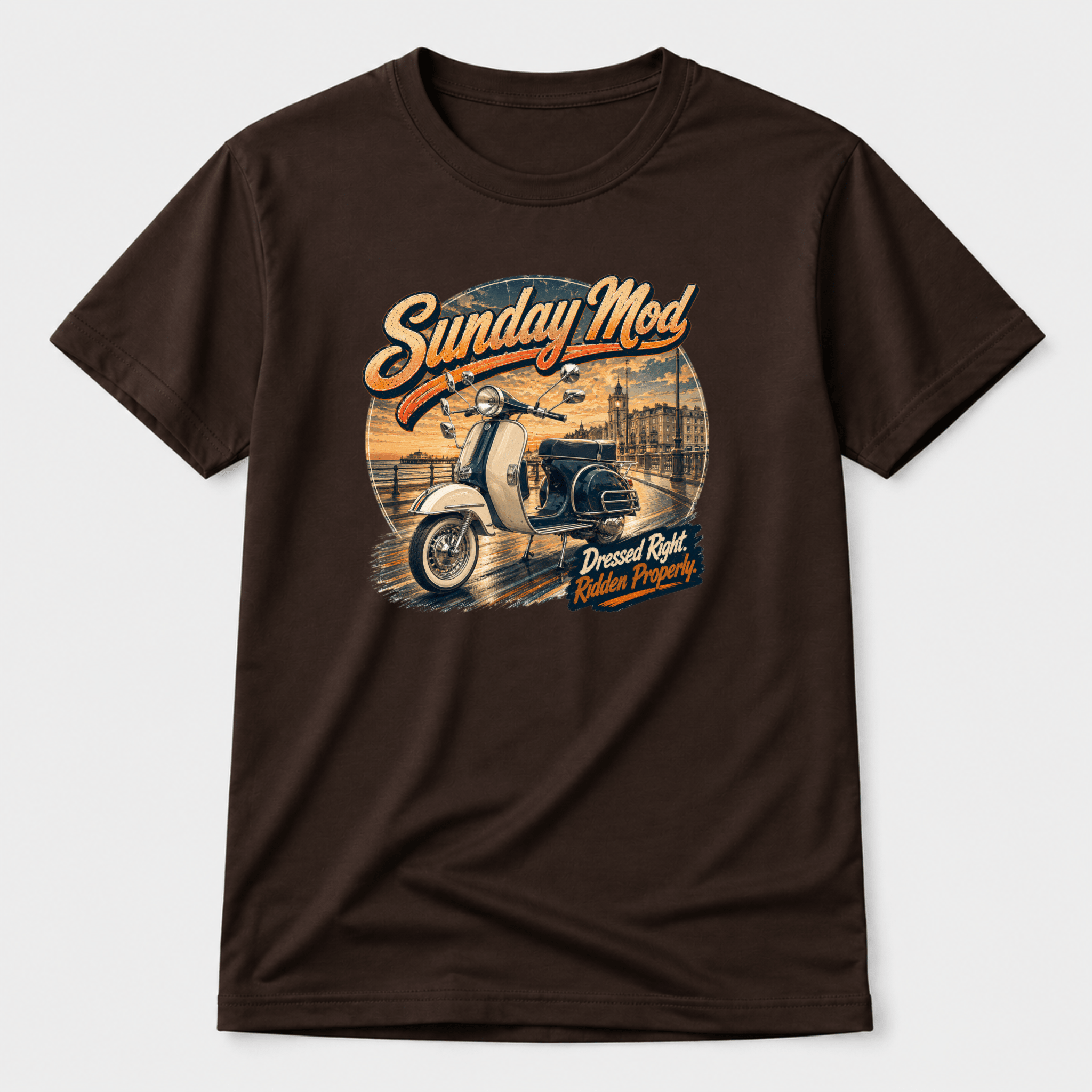 Camberline Riders Sunday Mod Classic Scooter T-Shirt – Dark Chocolate — front view showing the Camberline Riders Sunday Mod Classic Scooter graphic print