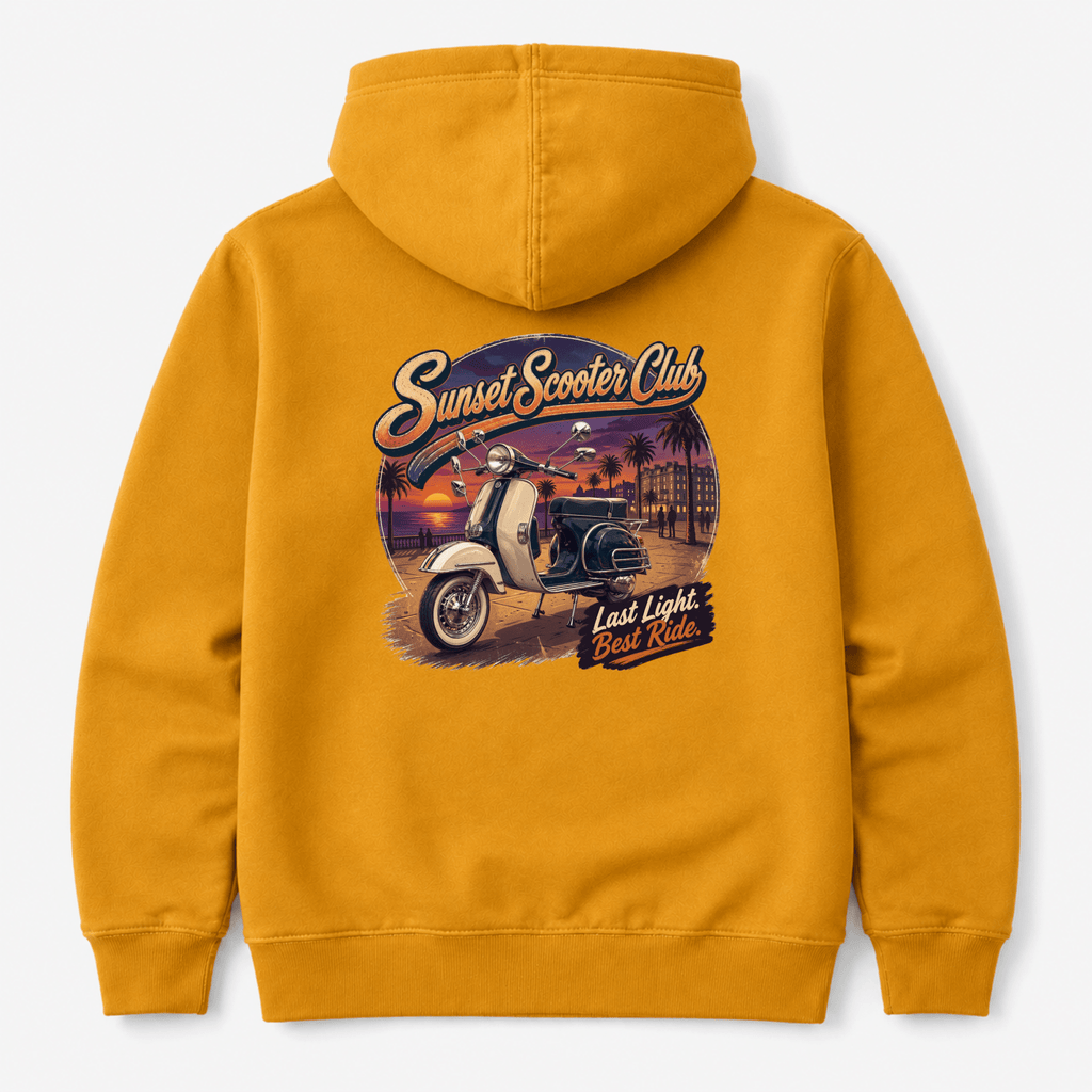 Camberline Riders Sunset Scooter Club Vintage Scooter Hoodie – Mustard — back view showing the Camberline Riders Sunset Scooter Club Vintage Scooter graphic print