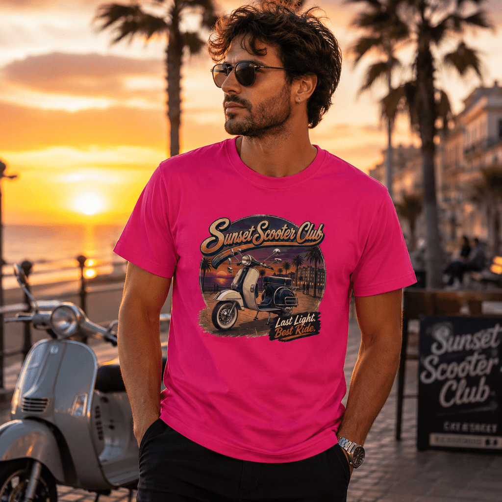 Model wearing the Camberline Riders Sunset Scooter Club Vintage Scooter T-Shirt – Hot Pink, showing the Camberline Riders graphic in a motorcycle-inspired setting