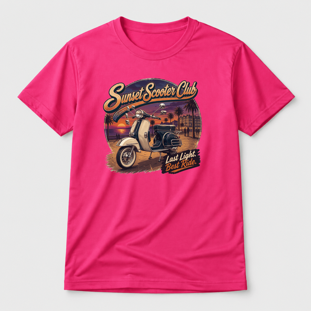 Camberline Riders Sunset Scooter Club Vintage Scooter T-Shirt – Hot Pink — front view showing the Camberline Riders Sunset Scooter Club Vintage Scooter graphic print