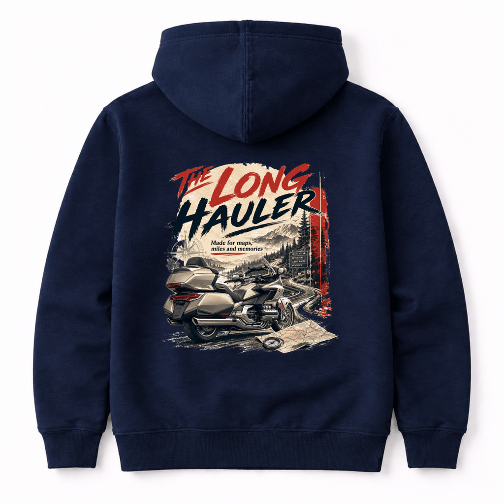 Camberline Riders The Long Hauler Touring Motorcycle Hoodie – Navy — back view showing the Camberline Riders The Long Hauler Touring Motorcycle graphic print