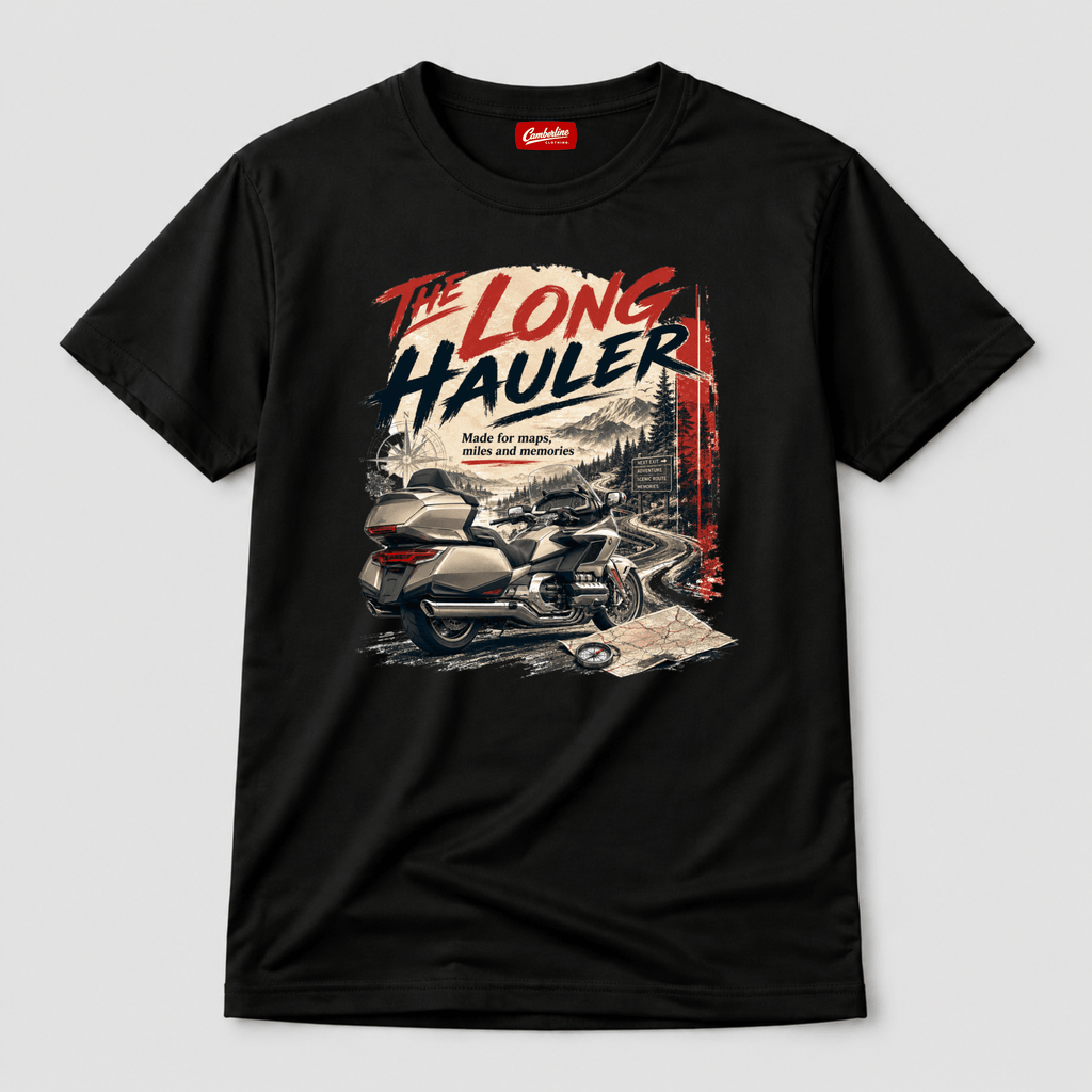 Camberline Riders The Long Hauler Touring Motorcycle T-Shirt – Black — front view showing the Camberline Riders The Long Hauler Touring Motorcycle graphic print