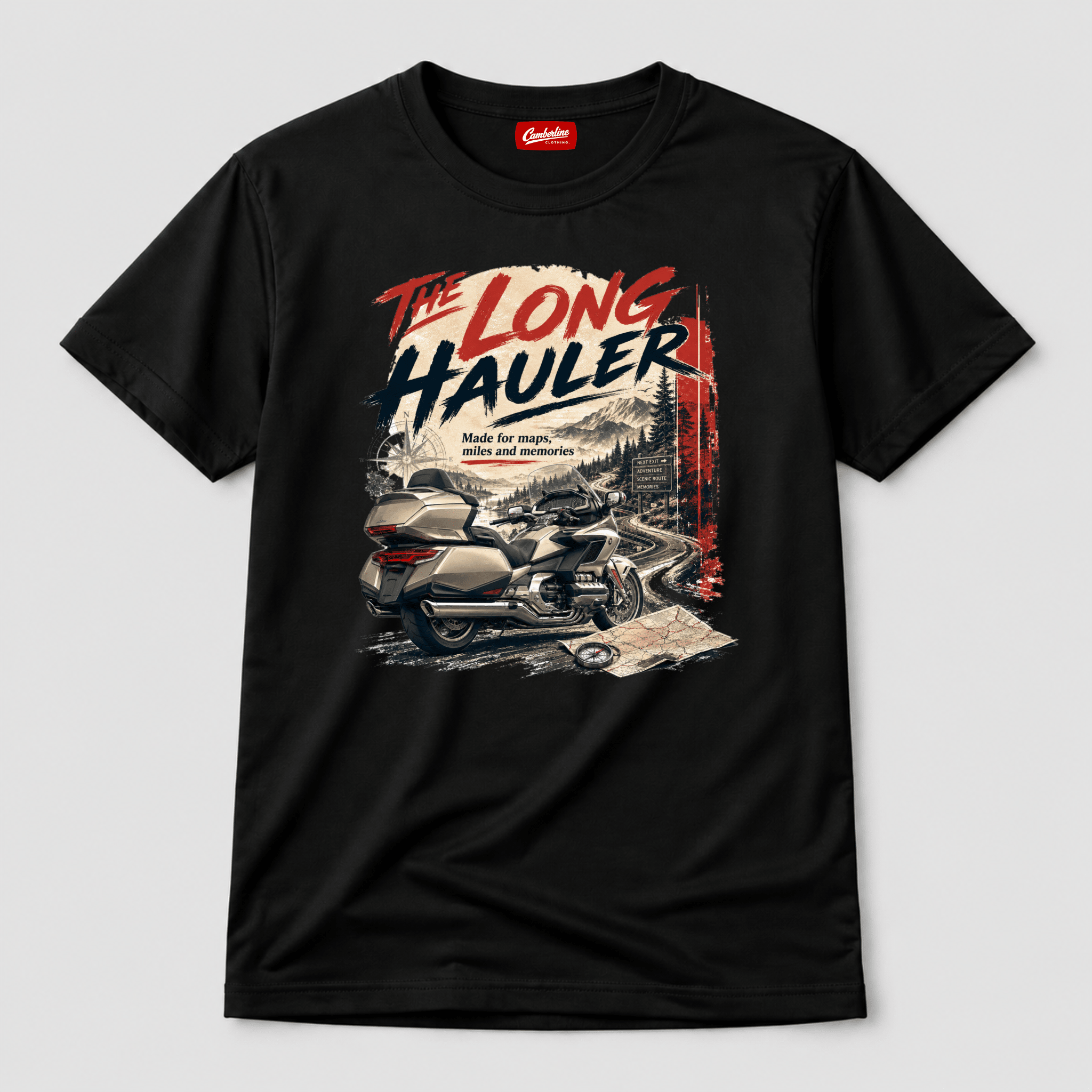 Camberline Riders The Long Hauler Touring Motorcycle T-Shirt – Black — front view showing the Camberline Riders The Long Hauler Touring Motorcycle graphic print