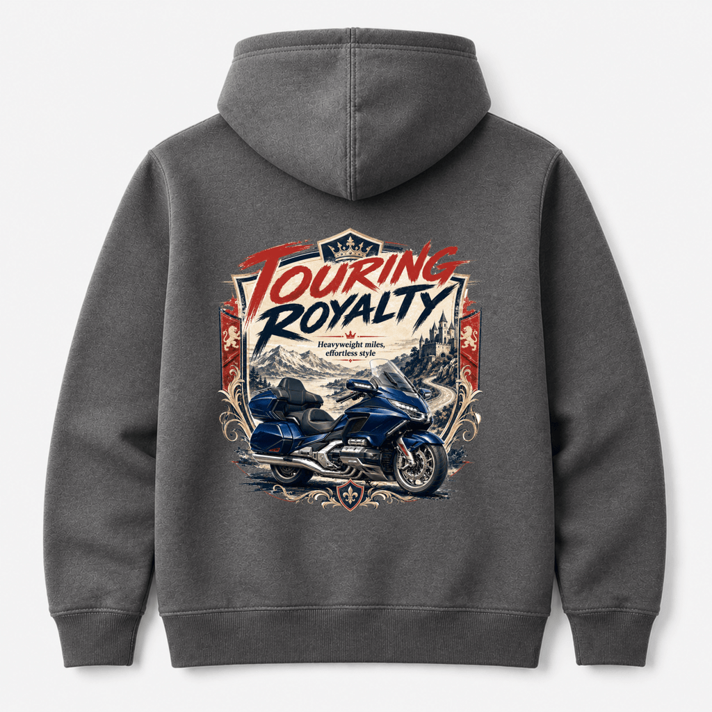 Camberline Riders Touring Royalty Heavy Tourer Hoodie – Charcoal — back view showing the Camberline Riders Touring Royalty Heavy Tourer graphic print