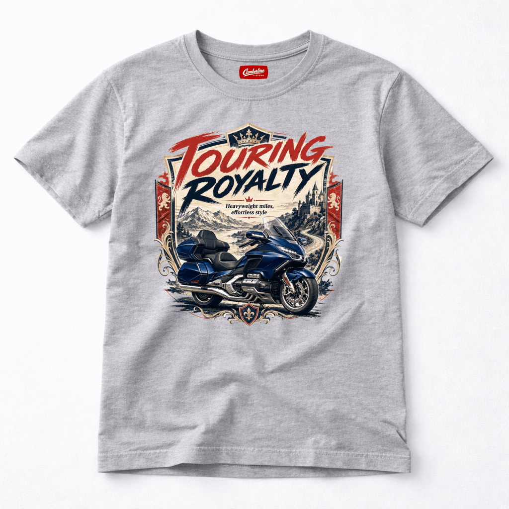 Camberline Riders Touring Royalty Heavy Tourer T-Shirt – Grey — front view showing the Camberline Riders Touring Royalty Heavy Tourer graphic print