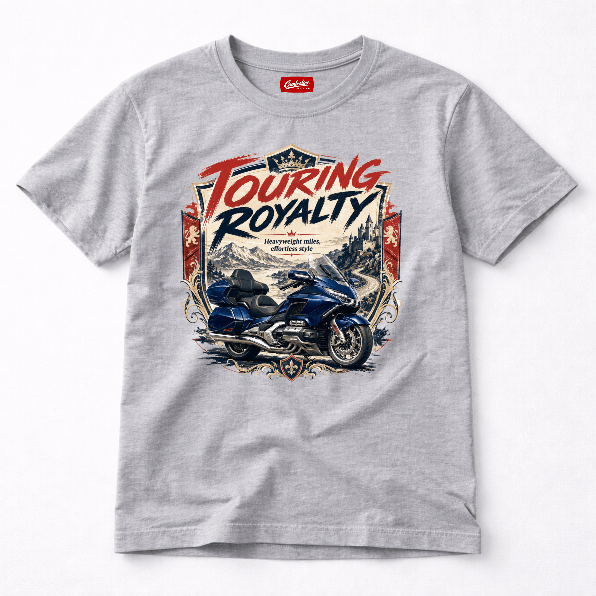 Camberline Riders Touring Royalty Heavy Tourer T-Shirt – Grey — front view showing the Camberline Riders Touring Royalty Heavy Tourer graphic print