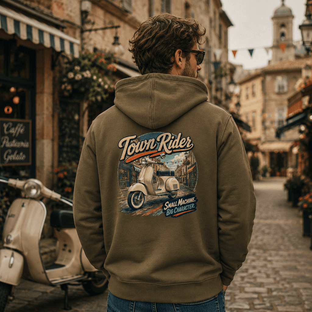 Model wearing the Camberline Riders Town Rider Vintage Scooter Hoodie – Khaki, showing the Riders back graphic in a motorcycle-inspired setting