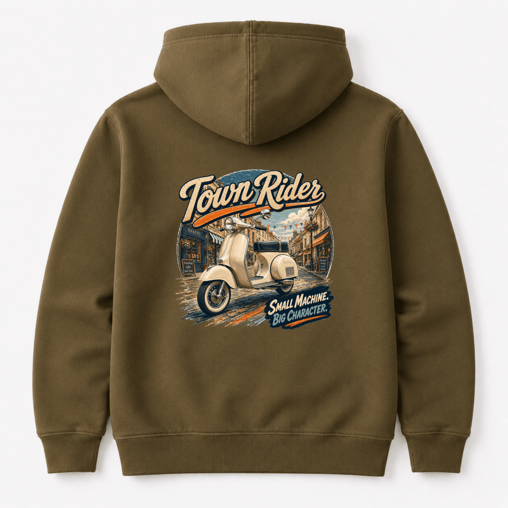 Camberline Riders Town Rider Vintage Scooter Hoodie – Khaki — back view showing the Camberline Riders Town Rider Vintage Scooter graphic print