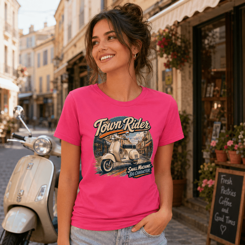 Model wearing the Camberline Riders Town Rider Vintage Scooter T-Shirt – Hot Pink, showing the Riders front graphic in a motorcycle-inspired setting