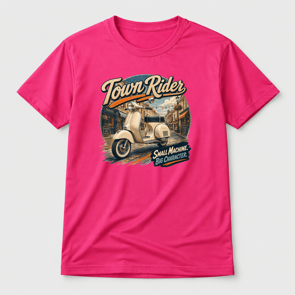 Camberline Riders Town Rider Vintage Scooter T-Shirt – Hot Pink — front view showing the Camberline Riders Town Rider Vintage Scooter graphic print
