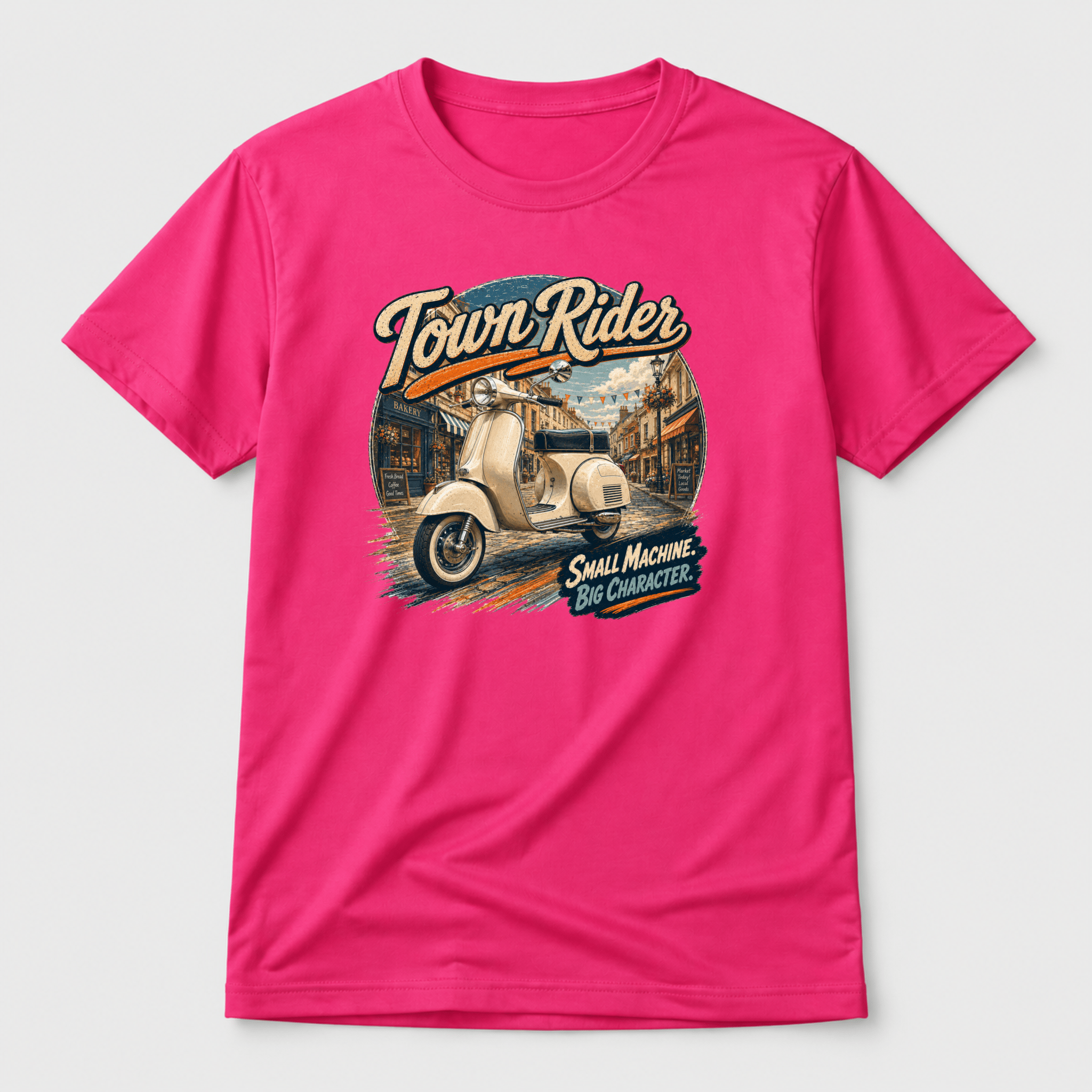 Camberline Riders Town Rider Vintage Scooter T-Shirt – Hot Pink — front view showing the Camberline Riders Town Rider Vintage Scooter graphic print