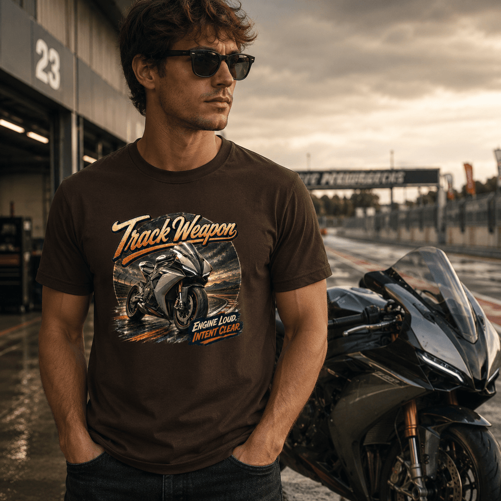 Model wearing the Camberline Riders Track Weapon Sport Bike T-Shirt – Hot Chocolate, showing the Riders front graphic in a motorcycle-inspired setting