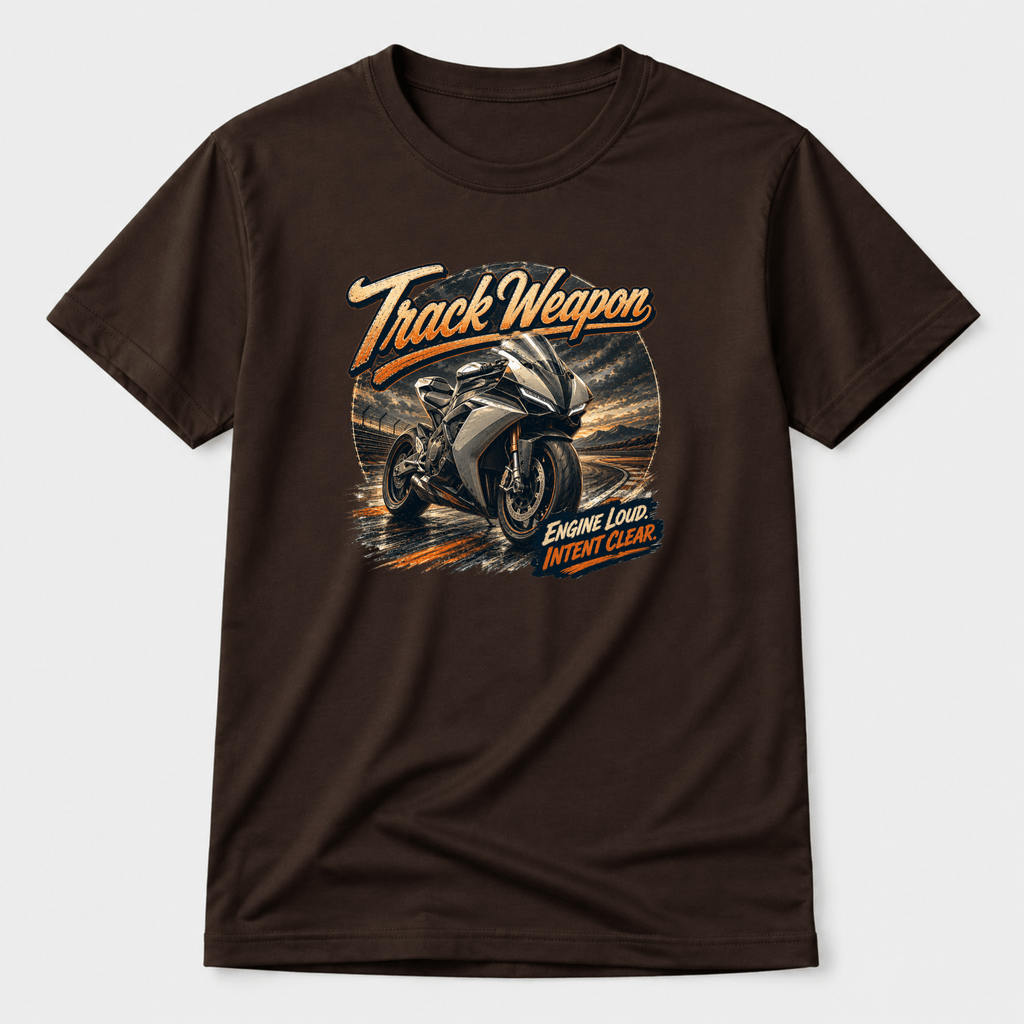 Camberline Riders Track Weapon Sport Bike T-Shirt – Hot Chocolate — front view showing the Camberline Riders Track Weapon Sport Bike graphic print