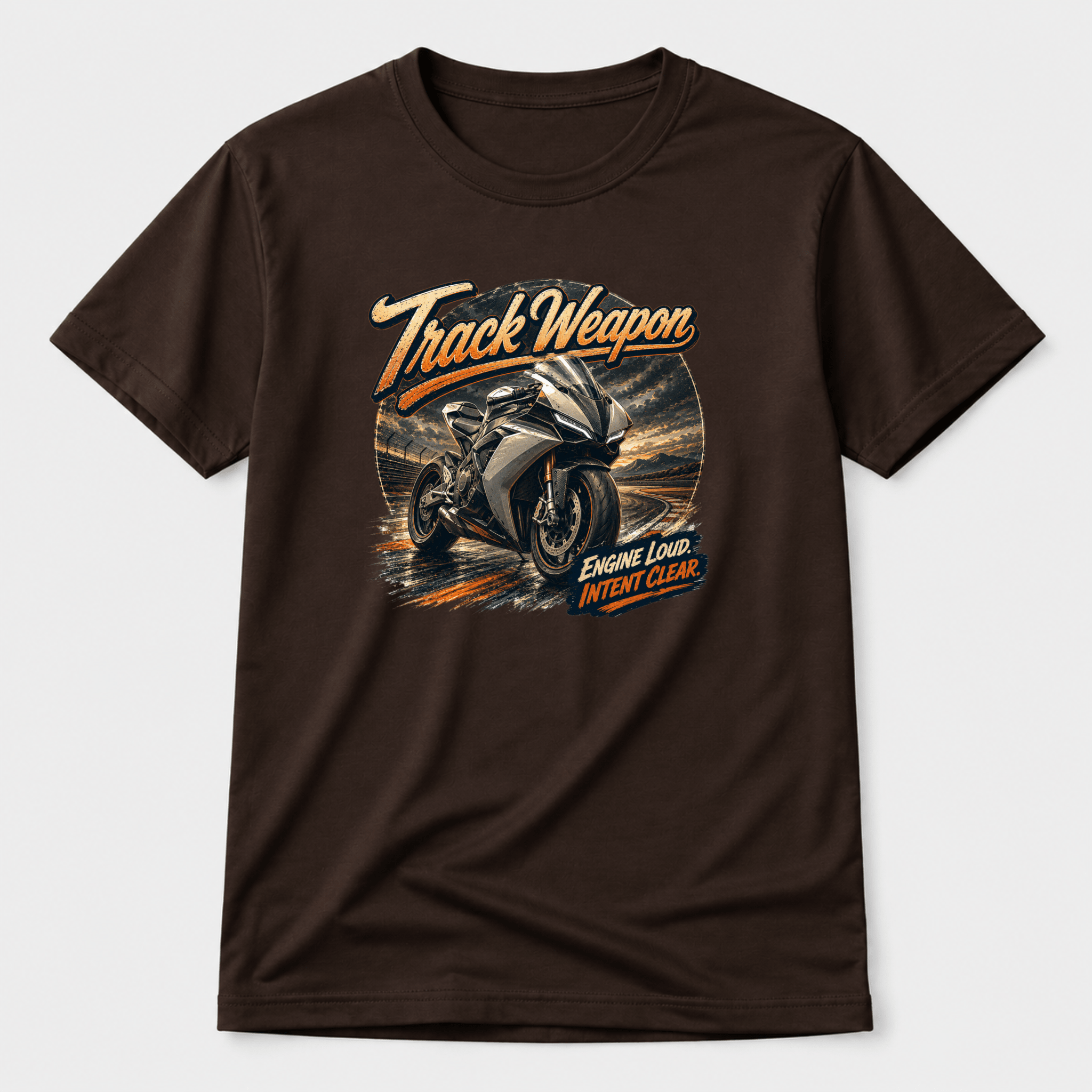Camberline Riders Track Weapon Sport Bike T-Shirt – Hot Chocolate — front view showing the Camberline Riders Track Weapon Sport Bike graphic print