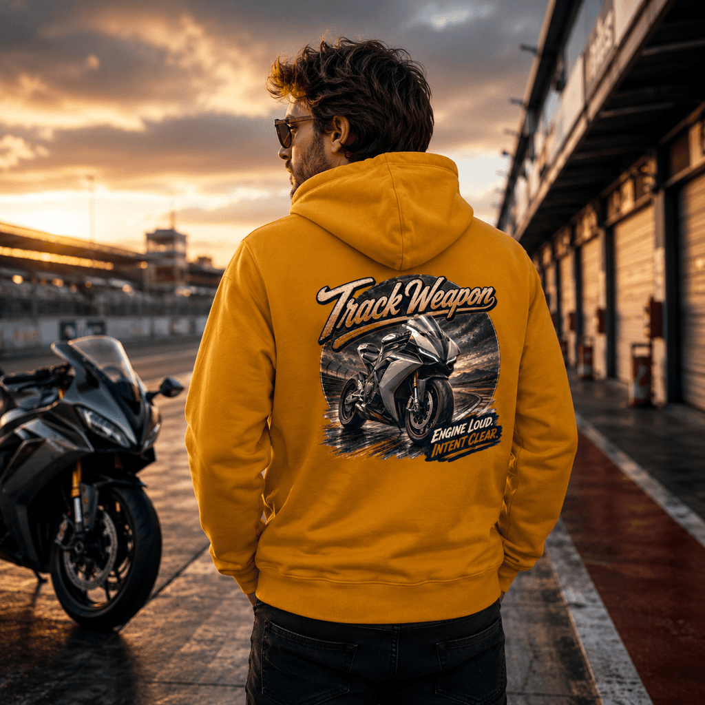 Model wearing the Camberline Riders Track Weapon Superbike Hoodie – Mustard, showing the Riders back graphic in a motorcycle-inspired setting