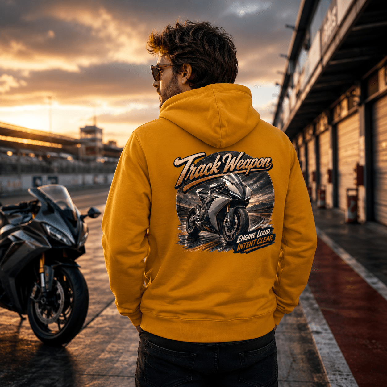 Model wearing the Camberline Riders Track Weapon Superbike Hoodie – Mustard, showing the Riders back graphic in a motorcycle-inspired setting
