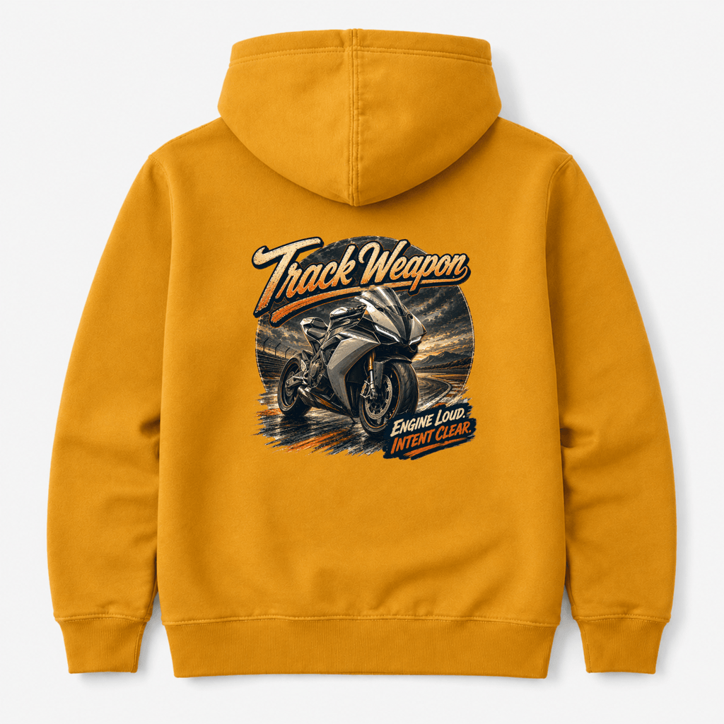 Camberline Riders Track Weapon Superbike Hoodie – Mustard — back view showing the Camberline Riders Track Weapon Superbike graphic print