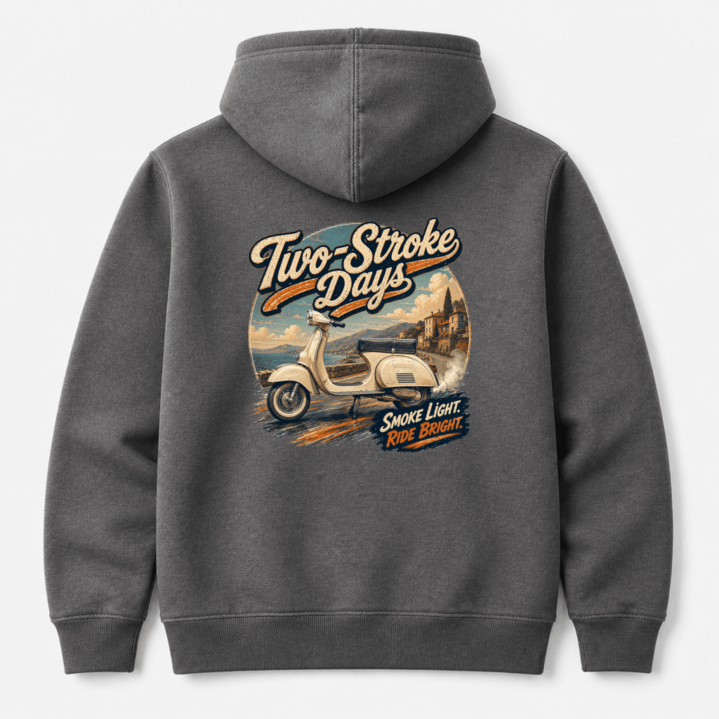 Camberline Riders Two Stroke Days Vintage Scooter Hoodie – Charcoal — back view showing the Camberline Riders Two Stroke Days Vintage Scooter graphic print