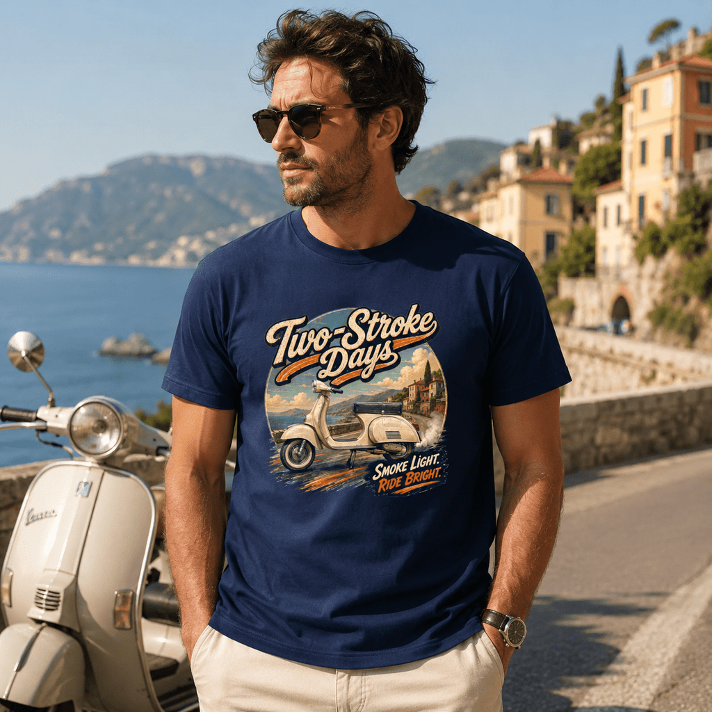 Model wearing the Camberline Riders Two Stroke Days Vintage Scooter T-Shirt – Navy, showing the Riders front graphic in a motorcycle-inspired setting