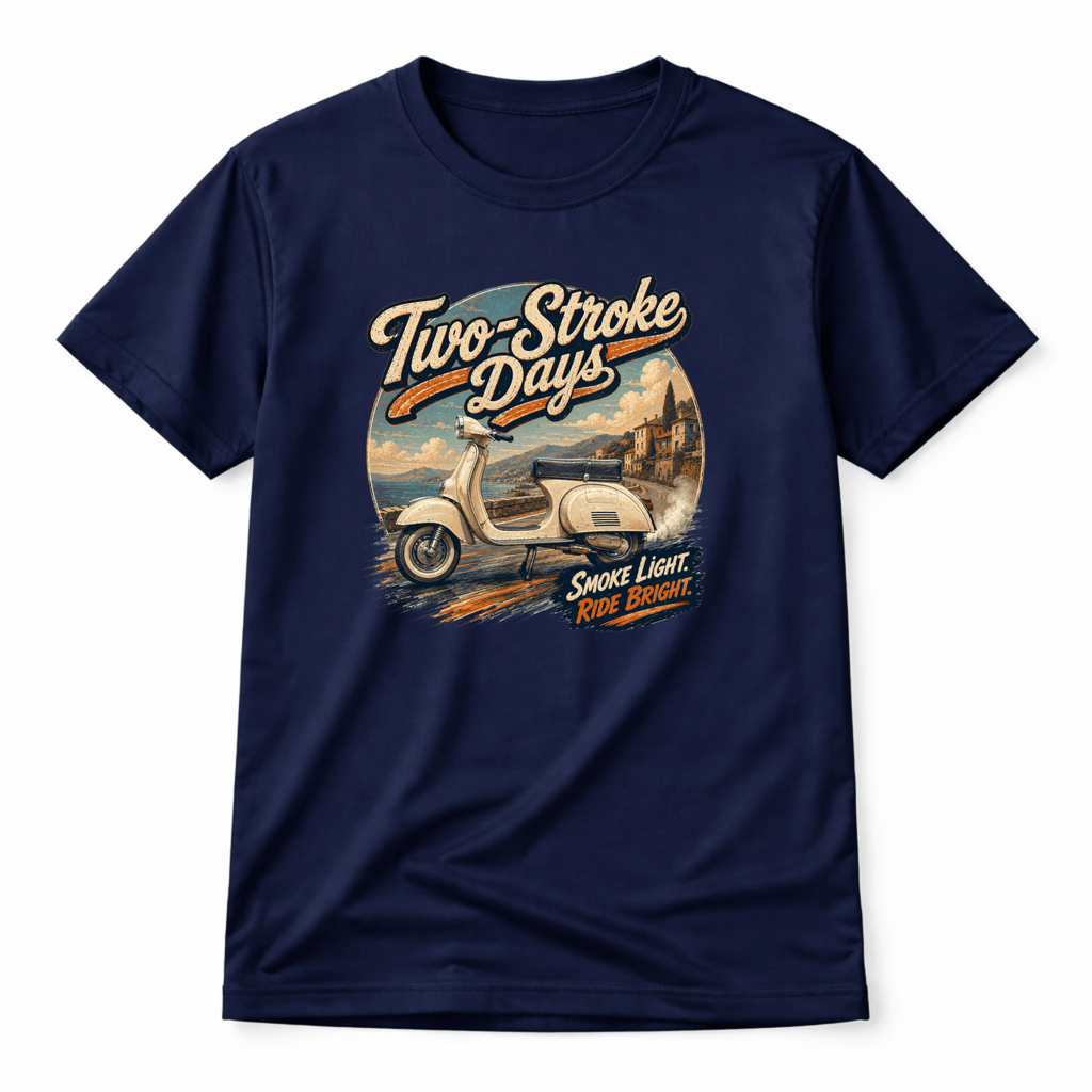 Camberline Riders Two Stroke Days Vintage Scooter T-Shirt – Navy — front view showing the Camberline Riders Two Stroke Days Vintage Scooter graphic print