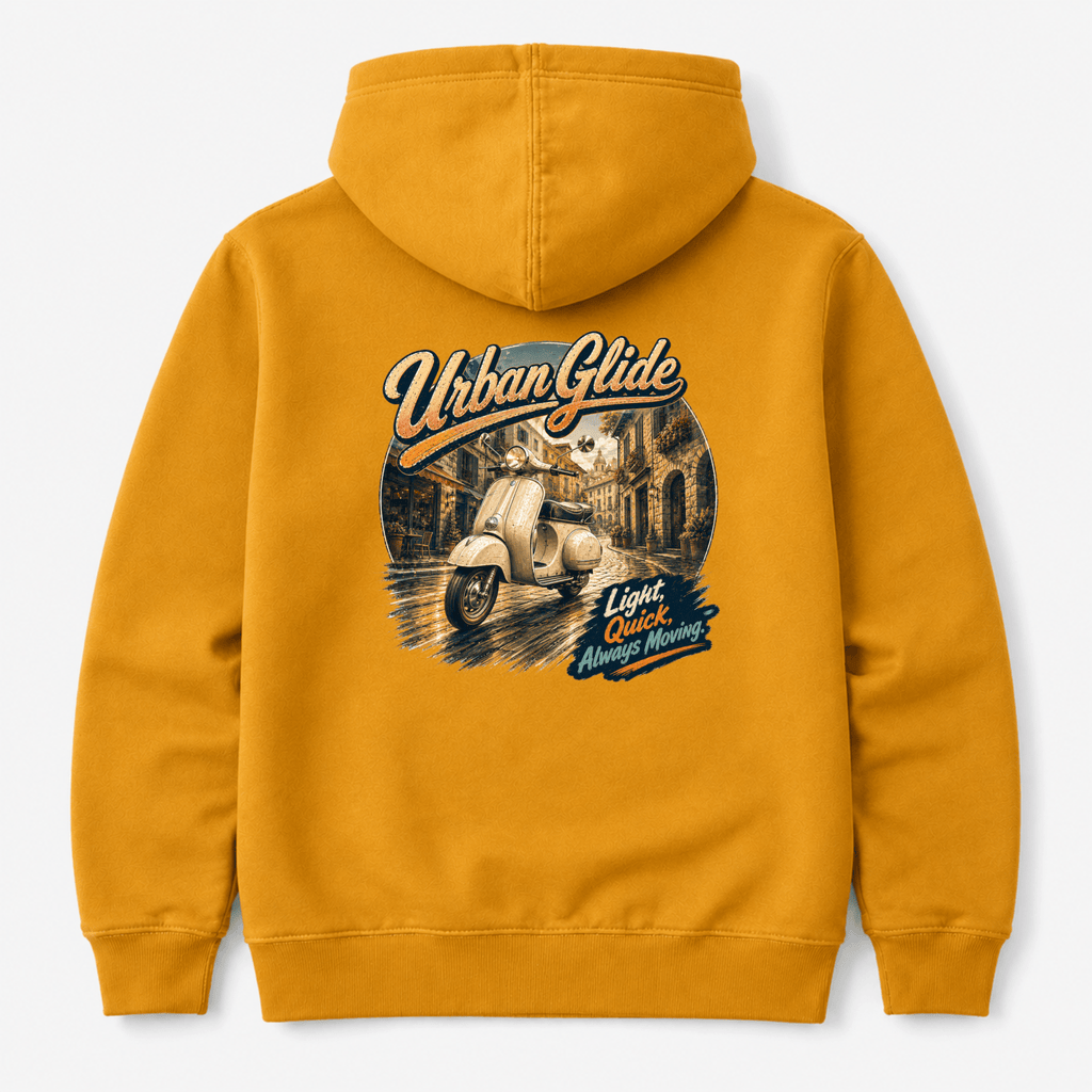 Camberline Riders Urban Glide Retro Scooter Hoodie – Mustard — back view showing the Camberline Riders Urban Glide Retro Scooter graphic print