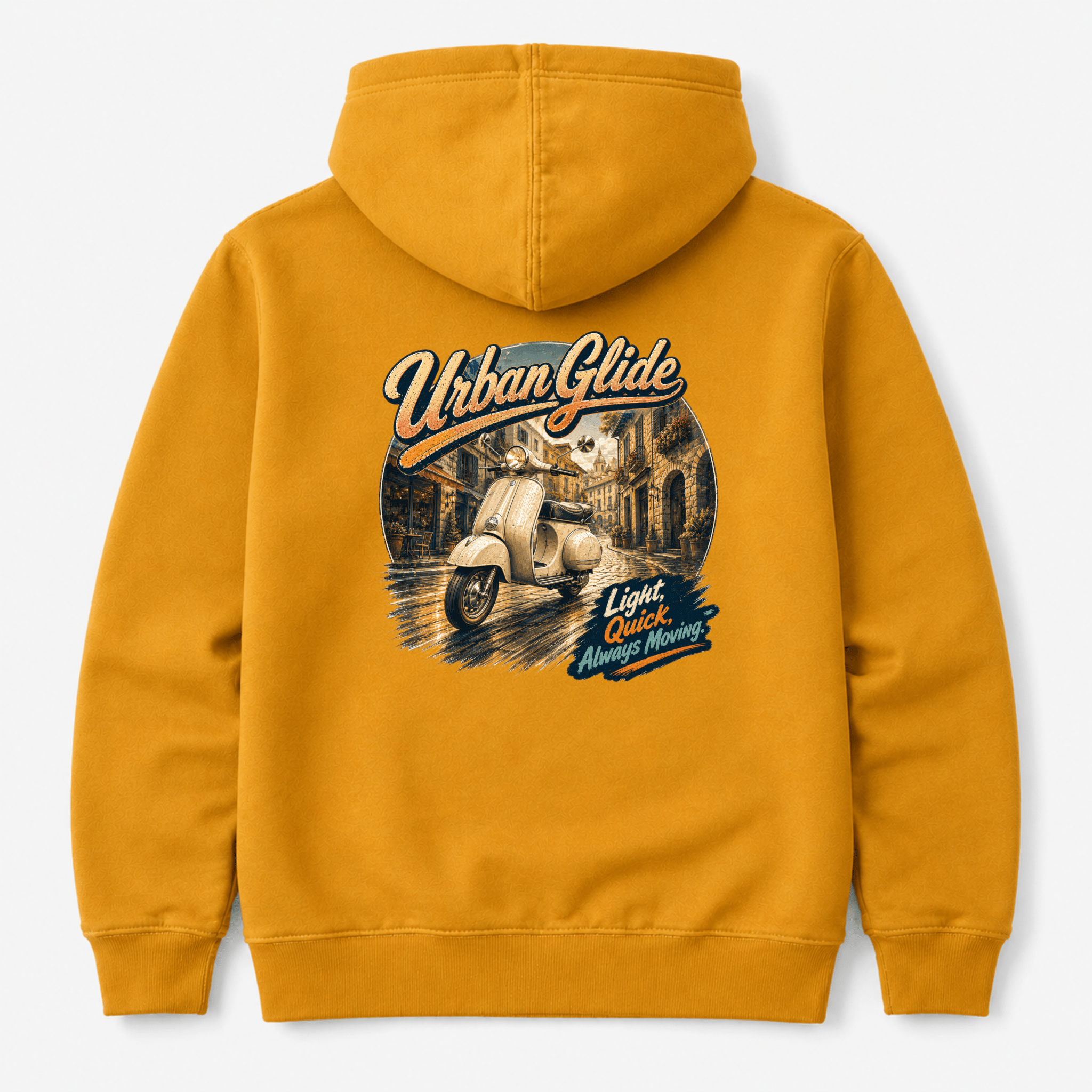 Camberline Riders Urban Glide Retro Scooter Hoodie – Mustard — back view showing the Camberline Riders Urban Glide Retro Scooter graphic print