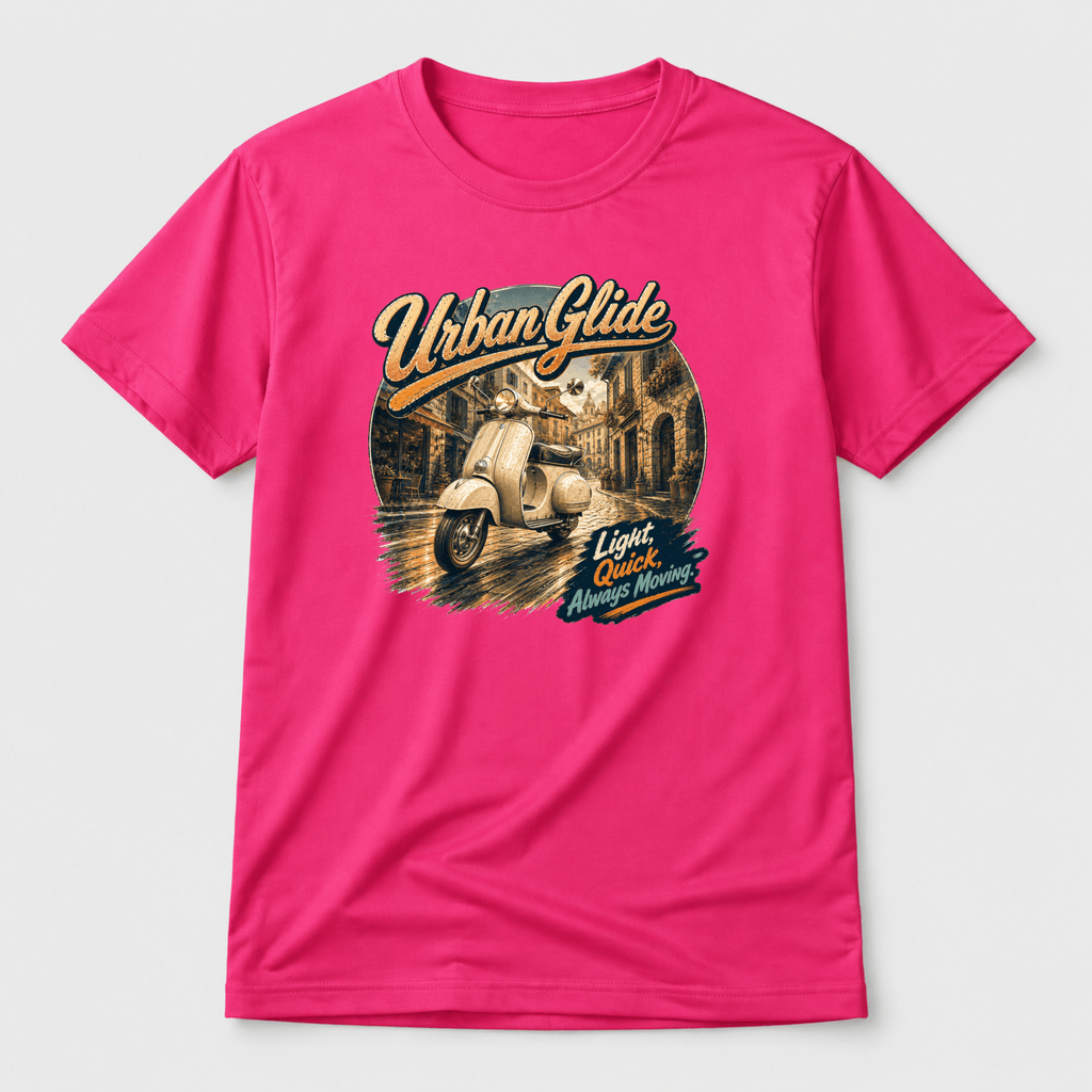 Camberline Riders Urban Glide Retro Scooter T-Shirt – Hot Pink — front view showing the Camberline Riders Urban Glide Retro Scooter graphic print