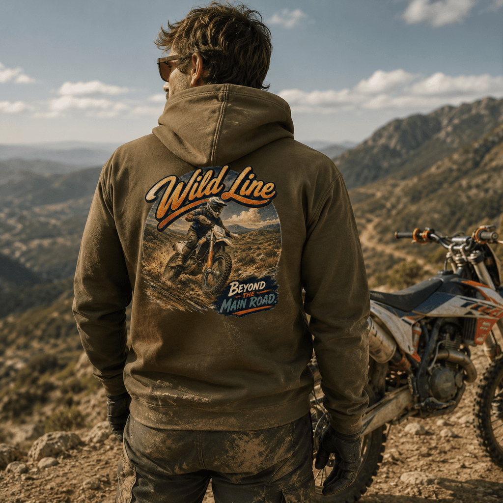 Model wearing the Camberline Riders Wild Line Adventure Bike Hoodie – Combat Green, showing the Riders back graphic in a motorcycle-inspired setting